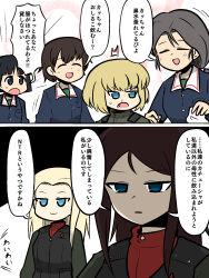 Rule 34 | 2koma, 6+girls, ^^^, black eyes, black hair, black vest, blonde hair, blue eyes, blue jacket, blunt bangs, blunt ends, bob cut, brown hair, clara (girls und panzer), closed eyes, closed mouth, comic, commentary, emphasis lines, fang, freckles, frown, girls und panzer, green jacket, green jumpsuit, green shirt, grey hair, hair tie, highres, insignia, jacket, jumpsuit, katyusha (girls und panzer), long hair, long sleeves, looking at another, looking back, low ponytail, military, military uniform, motion lines, multiple girls, nakajima (girls und panzer), nonna (girls und panzer), ooarai military uniform, open mouth, parted lips, piyotan (girls und panzer), ponita-poniponi, pravda military uniform, red shirt, runny nose, shirt, short hair, smile, snot, sono midoriko, sweatdrop, swept bangs, translated, turtleneck, uniform, vest