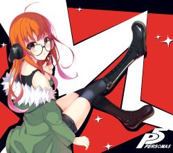 Rule 34 | 10s, 1girl, absurdres, ahoge, belt boots, black-framed eyewear, black shirt, black shorts, black thighhighs, boots, brown eyes, copyright name, cross-laced clothes, cross-laced footwear, from side, full body, fur trim, glasses, green jacket, grin, headphones, highres, holding, hood, hooded jacket, invisible chair, jacket, lace-up boots, leg up, long hair, long sleeves, looking at viewer, looking back, off shoulder, orange hair, persona, persona 5, rumeha (aormsj22), sakura futaba, shirt, shorts, sitting, smile, solo, sparkle, tank top, thighhighs