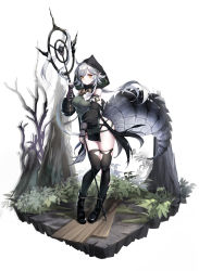 Rule 34 | 1girl, absurdres, ahoge, arknights, black footwear, black thighhighs, boots, breasts, crocodilian tail, flower, full body, highres, holding, holding staff, hood, huanxing zhenkong-, large tail, long hair, looking at viewer, medium breasts, pointy ears, silver hair, simple background, solo, staff, standing, tail, thighhighs, thighs, tomimi (arknights), white background, white flower, yellow eyes