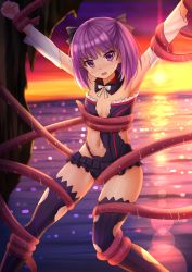 Rule 34 | 1girl, armpits, bare shoulders, blush, breasts, detached sleeves, fang, fate/grand order, fate (series), flat chest, helena blavatsky (fate), highres, kazenokaze, looking at viewer, navel, ocean, open mouth, outdoors, purple eyes, purple hair, saliva, short hair, small breasts, solo, strapless, tentacles, thighhighs, torn clothes, torn thighhighs, sefirot, twilight, water
