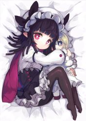 Rule 34 | 1girl, ahoge, black hair, black pantyhose, black skirt, blonde hair, blue eyes, blunt bangs, bonnet, cape, closed mouth, commentary request, doll, dress, frilled skirt, frills, from above, headdress, highres, ketopon, long hair, long sleeves, looking at viewer, lying, no shoes, hugging object, on bed, on side, original, pantyhose, pink cape, pink eyes, pointy ears, shirt, skirt, solo, white shirt