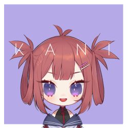 Rule 34 | 1girl, atelier live, character name, hair ornament, hair rings, hairclip, jacket, kani kanizawa, lowres, open mouth, purple background, purple eyes, red hair, red jacket, sailor collar, smile, solo, upper body, virtual youtuber, yueko (jiayue wu)