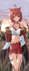Rule 34 | 1girl, ahoge, animal ear fluff, animal ears, bare shoulders, bell, blurry, blurry background, blurry foreground, choker, crop top, grin, highres, looking at viewer, navel, neck bell, nijisanji, open clothes, r1n54234459, ratna petit, red choker, red eyes, red hair, red panda ears, red panda girl, red skirt, short hair, skirt, smile, solo, virtual youtuber
