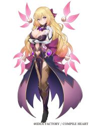 Rule 34 | 1girl, bare shoulders, black thighhighs, blonde hair, boots, breasts, brown thighhighs, cleavage, copyright name, crossed arms, dark persona, dress, elbow gloves, full body, gloves, gradient hair, half updo, highres, knee boots, large breasts, long hair, looking at viewer, multicolored hair, navel, nepnep connect: chaos chanpuru, neptune (series), official art, pelvic curtain, purple eyes, ribbon, simple background, sleeveless, smile, solo, tattoo, thighhighs, vert (chaos form), vert (neptunia), very long hair, white background, yaman (yamanta lov)