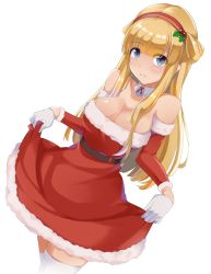 Rule 34 | 1girl, bad anatomy, bad arm, blonde hair, blue eyes, blush, breasts, christmas, cleavage, clothes lift, cowboy shot, detached collar, dress, dress lift, fletcher (kancolle), fur-trimmed dress, fur trim, gloves, hair bun, hairband, highres, kantai collection, large breasts, lifting own clothes, long hair, open mouth, red dress, red hairband, santa costume, side bun, simple background, single side bun, smile, solo, takashi (nougyou), thighhighs, white background, white gloves, white thighhighs