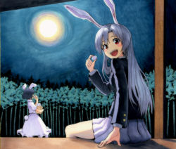 Rule 34 | 2girls, animal ears, bamboo, bamboo forest, black hair, dress, forest, full moon, inaba tewi, jacket, long hair, long sleeves, looking at viewer, marker (medium), millipen (medium), moon, multiple girls, nature, night, open mouth, pleated skirt, puffy short sleeves, puffy sleeves, rabbit ears, rabbit girl, rabbit tail, red eyes, reisen udongein inaba, shiratama (hockey), shirt, short sleeves, silver hair, sitting, skirt, sky, smile, tail, touhou, traditional media, veranda, very long hair, white dress