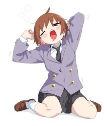 Rule 34 | 1girl, black necktie, black skirt, blush, brown eyes, brown footwear, brown hair, collared shirt, drooling, grey jacket, highres, jacket, kill me baby, loafers, long sleeves, mouth drool, necktie, one eye closed, open mouth, oribe yasuna, pleated skirt, school uniform, shirt, shoes, short hair, simple background, sitting, skirt, socks, solo, squeans, stretching, white background, white shirt, white socks, yachima tana