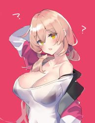 Rule 34 | 1girl, ?, bra, bra strap, breasts, cleavage, fang, hair between eyes, harenchi, highres, jacket, large breasts, long hair, nijisanji, nui sociere, nui sociere (2nd costume), off-shoulder shirt, off shoulder, pink background, see-through, shirt, simple background, skin fang, solo, underwear, virtual youtuber, yellow eyes