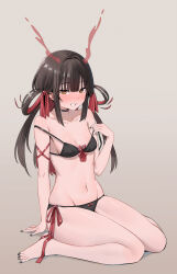 Rule 34 | 1girl, absurdres, arm support, bare shoulders, black bra, black choker, black hair, black nails, black panties, blunt bangs, blush, bra, breasts, chen yang yang, choker, cleavage, collarbone, colored inner hair, commentary, double strap slip, fingernails, full body, grin, hair ornament, hair rings, hand up, highres, horns, lifting own clothes, long hair, looking at viewer, melonyx, multicolored hair, nail polish, navel, nose blush, panties, red hair, red horns, shuraku kiriko, side-tie panties, sitting, small breasts, smile, solo, symbol-only commentary, thighs, underwear, wariza, yellow eyes