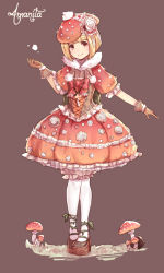 Rule 34 | 1girl, amanita (mushroom), beret, blonde hair, bloomers, blunt bangs, bob cut, bow, bowtie, brown background, cross-laced clothes, cross-laced footwear, dolce (dolsuke), dress, flower, fly agaric, frilled sleeves, frills, full body, gloves, grey background, hat, hat flower, jewelry, lolita fashion, looking at viewer, mushroom, mushroom pendant, original, pantyhose, pendant, personification, petticoat, plant, platform footwear, pom pom (clothes), red bow, red bowtie, simple background, smile, solo, standing, underwear, vines, white pantyhose