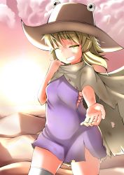 Rule 34 | 1girl, adapted costume, blonde hair, blush, breasts, cape, cloud, cowboy hat, desert, dirty, dirty clothes, dirty face, dress, grin, hat, highres, looking at viewer, moriya suwako, one eye closed, outstretched hand, reaching, reaching towards viewer, shishi juuroku, short dress, short hair, small breasts, smile, solo, thighhighs, torn cape, torn clothes, torn dress, touhou, white thighhighs, yellow eyes, zettai ryouiki