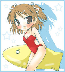 Rule 34 | 00s, 1girl, blush, border, breasts, brown eyes, brown hair, cleavage, fang, fish, hair ornament, hairclip, inflatable raft, looking at viewer, lowres, one-piece swimsuit, shadow, short hair, shudou rima, sister princess, small breasts, solo, star (symbol), swimsuit, twintails, white background, yotsuba (sister princess)