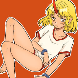 Rule 34 | 1girl, angry, bare legs, barefoot, blonde hair, breasts, buruma, closed mouth, collarbone, cuffs, feet out of frame, highres, horns, hoshiguma yuugi, mizuhashi parsee, orange background, pointy ears, red buruma, red eyes, red horns, shirt, short sleeves, sibata maru, simple background, single horn, small breasts, thighs, touhou, v-shaped eyebrows, white shirt