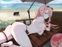 Rule 34 | 1girl, ass, bare shoulders, beach, blush, breasts, eyewear on head, girls&#039; frontline, glasses, green eyes, highres, long hair, looking at viewer, no bra, official alternate costume, pink hair, r93 (girls&#039; frontline), r93 (holiday lucky star) (girls&#039; frontline), ru zhai, simple background, solo, swimsuit, thighs