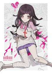 Rule 34 | 1girl, absurdres, apron, arm support, bandaged arm, bandaged leg, bandages, bandaid, bandaid on knee, bandaid on leg, black hair, blue skirt, border, breasts, btmr game, character name, closed mouth, collared shirt, commentary, danganronpa (series), danganronpa 2: goodbye despair, hand up, heart, highres, large breasts, long hair, mole, mole under eye, paper, pink shirt, shirt, shoes, signature, sitting, skirt, solo, symbol-only commentary, syringe, tsumiki mikan, white apron, white border