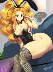 Rule 34 | 1girl, adagio dazzle, amano cigusa, animal ears, ass, blonde hair, breasts, casual, english text, fake animal ears, fishnet legwear, fishnets, huge ass, leotard, long hair, looking at viewer, medium breasts, my little pony, my little pony: friendship is magic, personification, playboy bunny, ponytail, rabbit ears, sitting, solo, thick thighs, thighs, very long hair