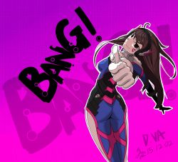 Rule 34 | 1girl, ahoge, animal print, arched back, ass, blue bodysuit, bodysuit, breasts, brown eyes, brown hair, character name, cowboy shot, d.va (overwatch), english text, facepaint, facial mark, finger gun, foreshortening, from behind, gloves, gradient background, headphones, high collar, highres, long hair, looking at viewer, looking back, medium breasts, nakwang, outline, overwatch, overwatch 1, pilot suit, pink background, pointing, pointing at viewer, purple background, rabbit print, ribbed bodysuit, shoulder pads, skin tight, smile, solo, swept bangs, twisted torso, whisker markings, white gloves