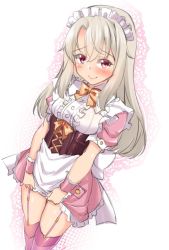 Rule 34 | 1girl, alternate costume, apron, blush, bow, bowtie, buttons, center frills, closed mouth, clothes lift, collarbone, commentary request, corset, dress, enmaided, fate/stay night, fate (series), frills, garter straps, hair between eyes, illyasviel von einzbern, lifting own clothes, light brown hair, long hair, looking at viewer, maid, maid apron, maid headdress, orange bow, orange bowtie, puffy short sleeves, puffy sleeves, red eyes, shirokuma a, short sleeves, simple background, skirt, skirt lift, solo, thighhighs, waist apron, white apron, white background, white thighhighs, wrist cuffs