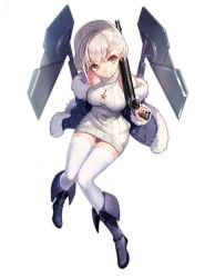 Rule 34 | 1girl, bare shoulders, bison cangshu, boots, breasts, cropped, dress, full body, girls&#039; frontline, gun, jewelry, large breasts, necklace, orange eyes, ribbed sweater, rmb-93 (girls&#039; frontline), shield module, shirt, shotgun, silver hair, sleeveless, sleeveless shirt, smile, solo, star (symbol), star necklace, sweater, sweater dress, thighhighs, transparent background, trigger discipline, turtleneck, turtleneck sweater, weapon, white thighhighs, zettai ryouiki