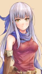 Rule 34 | 1girl, belt, belt buckle, blue scarf, breasts, brown gloves, buckle, closed mouth, elbow gloves, fire emblem, fire emblem: radiant dawn, fuussu (21-kazin), gloves, long hair, looking at viewer, medium breasts, micaiah (fire emblem), nintendo, red shirt, scarf, shirt, silver hair, sleeveless, sleeveless shirt, solo, upper body, white background, yellow eyes