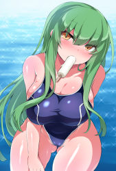 Rule 34 | 1girl, bad id, bad pixiv id, blush, breasts, c.c., code geass, female focus, food, gradient background, green hair, highres, large breasts, long hair, mouth hold, one-piece swimsuit, popsicle, ruuku (azukieru), solo, swimsuit, yellow eyes