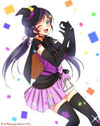 Rule 34 | 10s, 1girl, ;d, black thighhighs, blush, dancing stars on me!, dated, elbow gloves, gloves, green eyes, hat, highres, long hair, love live!, love live! school idol project, one eye closed, open mouth, purple hair, skirt, smile, solo, song name, star (symbol), thighhighs, tojo nozomi, twintails, yu-ta