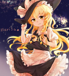 Rule 34 | apron, black dress, blonde hair, bow, braid, buttons, character name, dress, frilled dress, frills, hair bow, haru (nakajou-28), hat, hat bow, highres, kirisame marisa, long hair, playing with own hair, puffy sleeves, short sleeves, side braid, single braid, sky, solo, star (sky), star (symbol), starry sky, touhou, waist apron, white bow, witch hat, yellow eyes