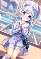 Rule 34 | 1girl, :o, bag, bag charm, beret, blue hair, blue jacket, blue skirt, blurry, blurry background, blush, bow, charm (object), chinomaron, collared shirt, commentary request, depth of field, dutch angle, ferris wheel interior, frilled socks, frills, gochuumon wa usagi desu ka?, hair ornament, hands up, hat, hat bow, highres, jacket, kafuu chino, kneehighs, long hair, long sleeves, looking at viewer, open clothes, open jacket, parted lips, purple hat, shirt, shoulder bag, sitting, skirt, sleeves past wrists, socks, solo, stuffed animal, stuffed rabbit, stuffed toy, very long hair, white bow, white shirt, white socks, x hair ornament