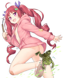 Rule 34 | 1girl, :d, ahoge, ass, bandaid, bandaid on knee, bandaid on leg, blush, borrowed character, drill hair, fang, flat chest, frog, hair ornament, hairband, hazuki watora, holding, hood, hoodie, komase (jkp423), long hair, looking back, naked hoodie, no panties, open clothes, open mouth, original, pink eyes, red hair, sandals, sickle, smile, solo, twin drills, twintails