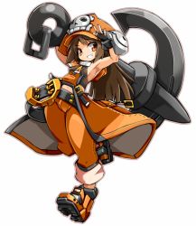 Rule 34 | 1girl, anchor, arc system works, armpits, belt, black gloves, boots, breasts, brown hair, coattails, fang, fingerless gloves, full body, gloves, guilty gear, hat, highres, huge weapon, karukan (monjya), long hair, may (guilty gear), navel, orange eyes, orange hat, over shoulder, pants, pants rolled up, pirate hat, sideboob, sleeveless, small breasts, smile, solo, weapon, weapon over shoulder