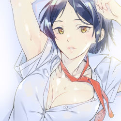 Rule 34 | 1girl, arms up, blue hair, blue shirt, blush, breasts, brown eyes, bubuzuke, commentary request, from above, hayami kanade, idolmaster, idolmaster cinderella girls, large breasts, lips, looking at viewer, lying, necktie, no bra, on back, parted bangs, parted lips, red necktie, shirt, short hair, short sleeves, smile, solo, sweat, unbuttoned, unbuttoned shirt, undone necktie