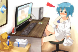 Rule 34 | !, 1girl, 3c1=3c2=3, bad id, bad pixiv id, blouse, blush, bottomless, bra, caught, censored, chair, computer, embarrassed, green eyes, green hair, hand under clothes, hidamari sketch, indoors, computer keyboard, lingerie, matching hair/eyes, computer mouse, naked shirt, nazuna (hidamari sketch), nori (hidamari sketch), office chair, open clothes, open shirt, photo (object), pornography, sex toy, shirt, sitting, solo, stuffed animal, stuffed toy, swivel chair, teddy bear, tissue, tissue box, ume-sensei, underwear, v, vibrator, webcam, white shirt