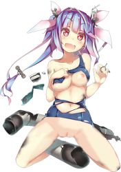Rule 34 | 10s, 1girl, :d, bad id, bad pixiv id, bare legs, blue hair, blunt bangs, bow, breasts, gradient hair, hair bow, i-19 (kancolle), kantai collection, multicolored hair, nipples, nude filter, open mouth, personification, pussy, red eyes, school swimsuit, smile, solo, swimsuit, symbol-shaped pupils, syobonne, third-party edit, torn clothes, torn swimsuit, transparent background, twintails, uncensored, white background