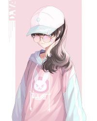 Rule 34 | 1girl, bad id, bad pixiv id, baseball cap, blush, brown background, brown eyes, brown hair, character name, closed mouth, collarbone, commentary, d.va (overwatch), drawstring, english commentary, facial mark, glasses, hat, highres, hood, hood down, hoodie, huyou (awegk), long hair, long sleeves, looking away, overwatch, overwatch 1, pink hoodie, ponytail, puffy long sleeves, puffy sleeves, round eyewear, solo, two-tone background, upper body, whisker markings, white background, white hat