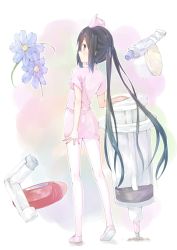 Rule 34 | 1girl, bad id, bad pixiv id, black hair, brown eyes, chm (macharge), flower, inhaler, k-on!, large syringe, long hair, looking at viewer, looking back, nakano azusa, nurse, ointment, oversized object, pantyhose, simple background, solo, syringe, twintails, very long hair