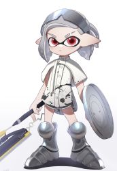 Rule 34 | 1girl, armored boots, black shorts, boots, closed mouth, commentary request, eyebrow cut, goggles, goggles on head, gradient background, grey background, grey hair, highres, holding, inkling, inkling player character, looking at viewer, nintendo, red eyes, shadow, shirt, short shorts, shorts, solo, splatoon (series), splatoon 3, standing, tentacles, thick eyebrows, toki (yoyobozi), trashcan lid, white background, white shirt