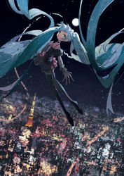Rule 34 | 1girl, absurdly long hair, aqua eyes, aqua hair, blurry, blurry background, book, city, commentary request, depth of field, film grain, flat chest, floating hair, frilled skirt, frills, full body, full moon, hand on own chest, hatsune miku, highres, holding, holding book, long hair, looking at viewer, moon, night, outdoors, outstretched arm, potg (piotegu), skirt, smile, solo, spaghetti strap, twintails, very long hair, vocaloid, wrist cuffs