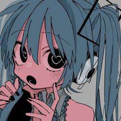 Rule 34 | 1girl, absurdres, bare shoulders, black eyes, black nails, blue eyes, blush, detached sleeves, earphones, finger to cheek, hair between eyes, hands up, hatsune miku, heart, heart-shaped pupils, highres, looking at viewer, nail polish, open mouth, shiro kuro (shirokuro 3939), sidelocks, solo, symbol-shaped pupils, twintails, vocaloid
