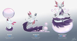 Rule 34 | absurdres, axolotl, balancing on tail, body fur, bubble, claws, closed eyes, creature, creatures (company), crossover, english text, evolution, evolutionary line, fakemon, fang, floating, fox, full body, game freak, gugenheim98, highres, indian style, looking at viewer, mizutsune, monster, monster hunter (series), mudra, nintendo, nose bubble, open mouth, orange eyes, pokemon, pokemon (creature), purple fur, sharp teeth, simple background, sitting, sliding, smile, tail, teeth, vitarka mudra
