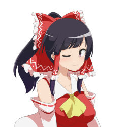 Rule 34 | 1girl, ;), alternate costume, ascot, bare shoulders, black hair, bow, breasts, cato (monocatienus), commentary request, detached sleeves, frilled bow, frills, hair bow, hair tubes, hakurei reimu, highres, large breasts, long hair, nontraditional miko, one eye closed, ponytail, purple eyes, simple background, smile, solo, touhou, upper body, white background, yellow ascot