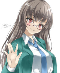 Rule 34 | 1girl, alternate costume, artist name, black hair, blazer, blue necktie, choukai (kancolle), collared shirt, commentary request, dated, dress shirt, gakky, glasses, green jacket, highres, jacket, kantai collection, long hair, looking at viewer, necktie, red eyes, shirt, simple background, smile, solo, upper body, waving, white background, white shirt
