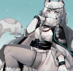 Rule 34 | 1girl, arknights, bad hands, belt, black belt, black cloak, bracelet, braided sidelock, cloak, commentary request, dress, feet out of frame, fur-trimmed footwear, fur trim, grey eyes, grey hair, grey thighhighs, hand up, head chain, highres, infection monitor (arknights), jewelry, long hair, looking at viewer, necklace, pramanix (arknights), scarf, smile, snow leopard ears, snow leopard girl, snow leopard tail, solo, thighhighs, wavy hair, white dress, white scarf, yukinohito (koutyanomitai)