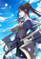 Rule 34 | 1girl, absurdly long hair, belt, black hair, black skirt, blue sky, blurry, blurry background, blurry foreground, brown eyes, cloud, commentary request, from side, gloves, highres, juliet sleeves, kantai collection, long hair, long sleeves, nachi (kancolle), nachi kai ni (kancolle), pantyhose, petals, puffy sleeves, rigging, sailor collar, side ponytail, skirt, sky, solo, totto (naka), very long hair, white gloves, white pantyhose