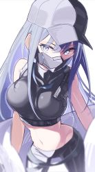 Rule 34 | 1girl, bare shoulders, baseball cap, black mask, black pants, black shirt, blue archive, blue eyes, blue hair, breasts, chest harness, commentary, crop top, film grain, grey hat, harness, hat, highres, jacket, large breasts, long hair, looking at viewer, mask, midriff, mouth mask, navel, off shoulder, pants, saori (blue archive), shirt, simple background, sleeveless, sleeveless shirt, solo, stomach, tatara (alnath may), unworn jacket, white background, white jacket