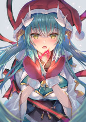 Rule 34 | 1girl, aqua hair, aqua kimono, bell, blurry, blush, bow, breasts, commentary request, dragon horns, fate (series), fire, fur-trimmed gloves, fur trim, gloves, grey background, hair ornament, hat, heart, highres, horns, inoue takuya (tactactak), japanese clothes, jingle bell, kimono, kiyohime (fate), large breasts, long hair, looking at viewer, multiple horns, obi, open mouth, ribbon, santa gloves, santa hat, sash, sidelocks, simple background, slit pupils, snow, striped bow, striped ribbon, upper body, wide sleeves, yellow eyes