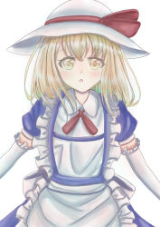 Rule 34 | 1girl, :o, apron, artist request, back bow, blonde hair, blush, bow, dress, elbow gloves, frilled apron, frills, gloves, hat, hat bow, highres, kana anaberal, looking at viewer, medium hair, puffy short sleeves, puffy sleeves, red bow, red neckwear, red ribbon, ribbon, short sleeves, simple background, sun hat, touhou, touhou (pc-98), waist apron, white apron, white background, white hat, yellow eyes