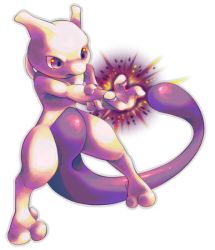 Rule 34 | closed mouth, creatures (company), full body, game freak, gen 1 pokemon, hinekure, holding own arm, legendary pokemon, mewtwo, nintendo, no humans, outstretched arm, pokemon, pokemon (creature), purple eyes, simple background, solo, standing, white background