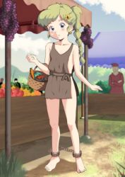 Rule 34 | 1girl, 3boys, barefoot, basket, blue eyes, blurry, blurry background, blush, carrot, chain, collarbone, cuffs, earrings, feet, final fantasy, final fantasy iv, flat chest, food, fruit, grapes, grass, green hair, hair ornament, izumine, jewelry, mountainous horizon, multiple boys, outdoors, parted lips, pineapple, ponytail, rags, retro artstyle, rydia (ff4), shackles, slave, square enix, standing, star (symbol), star earrings, tareme, toes, tomato