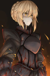 Rule 34 | &gt;:(, 1girl, armor, armored dress, artoria pendragon (all), artoria pendragon (fate), bad id, bad pixiv id, blonde hair, braid, closed mouth, dark persona, excalibur morgan (fate), fate/stay night, fate (series), french braid, frown, hair bun, highres, kankan33333, looking away, saber alter, single hair bun, solo, upper body, v-shaped eyebrows, yellow eyes