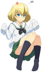 Rule 34 | 1girl, ada badguy, anger vein, angry, black bow, blonde hair, blue eyes, blush, bow, closed mouth, formal, girls und panzer, green skirt, highres, katyusha (girls und panzer), ooarai school uniform, oversized clothes, school uniform, short hair, skirt, socks, solo, suit, white background, white suit